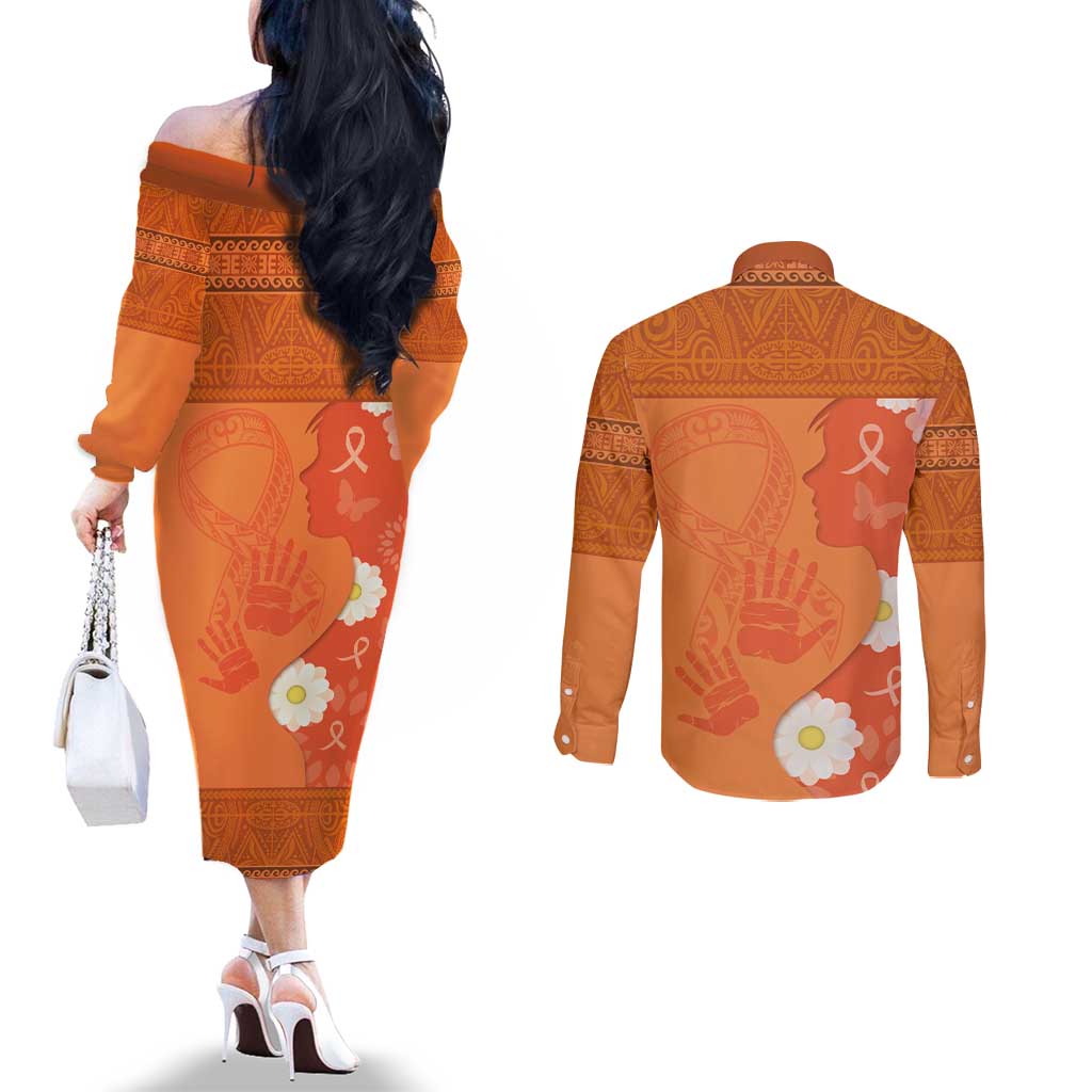 International Day for the Elimination of Violence Against Women Couples Matching Off The Shoulder Long Sleeve Dress and Long Sleeve Button Shirt Polynesian Pattern