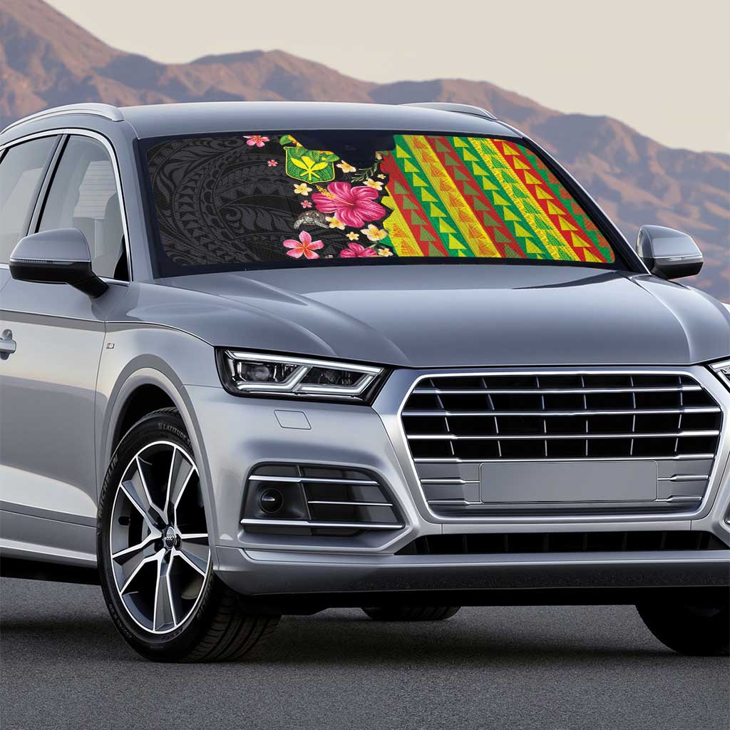 Hawaiian Independence Day Auto Sun Shade Kanaka Maoli Symbols With Tapa Motifs and Tropical Plants - Polynesian Pride