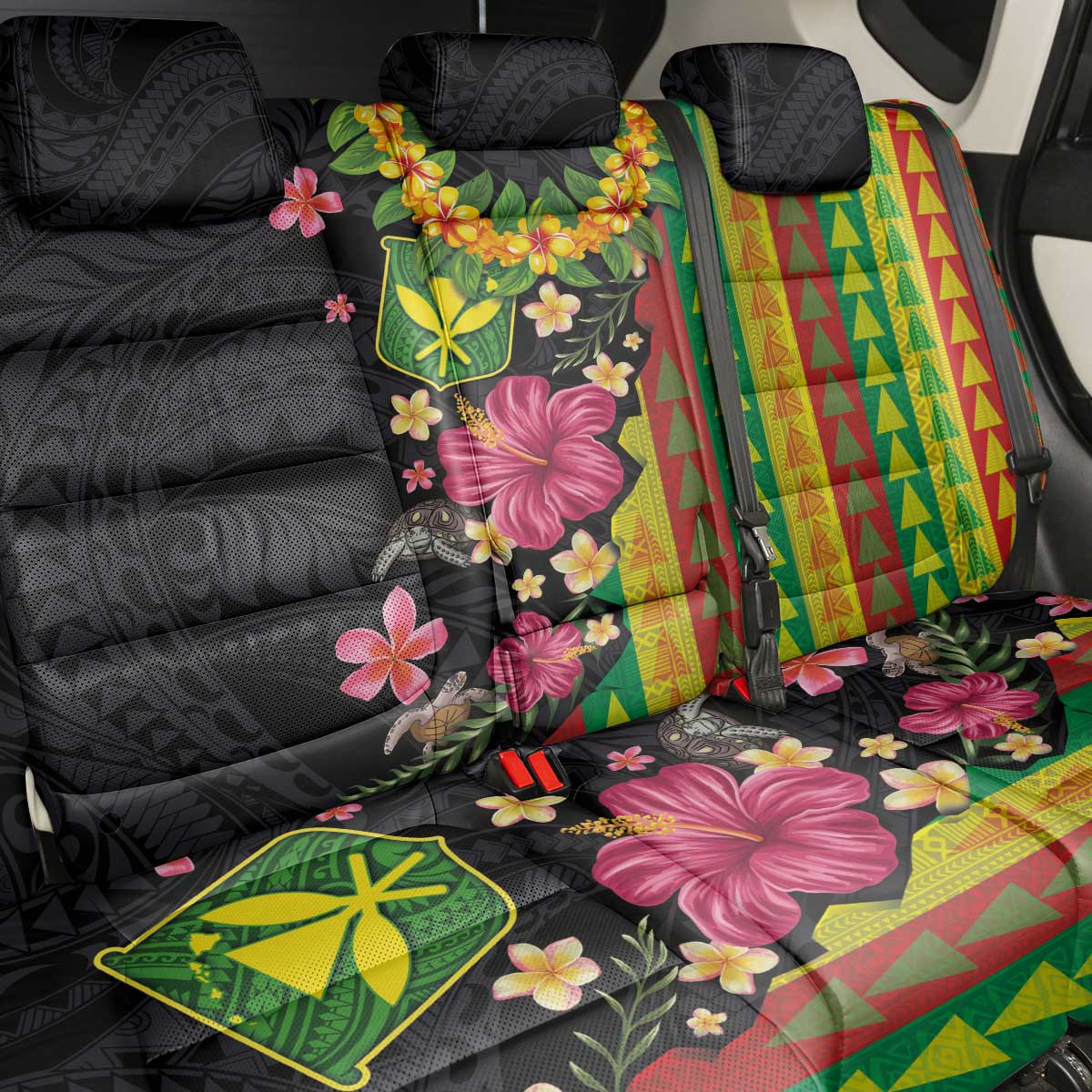 Hawaiian Independence Day Back Car Seat Cover Kanaka Maoli Symbols With Tapa Motifs and Tropical Plants - Polynesian Pride