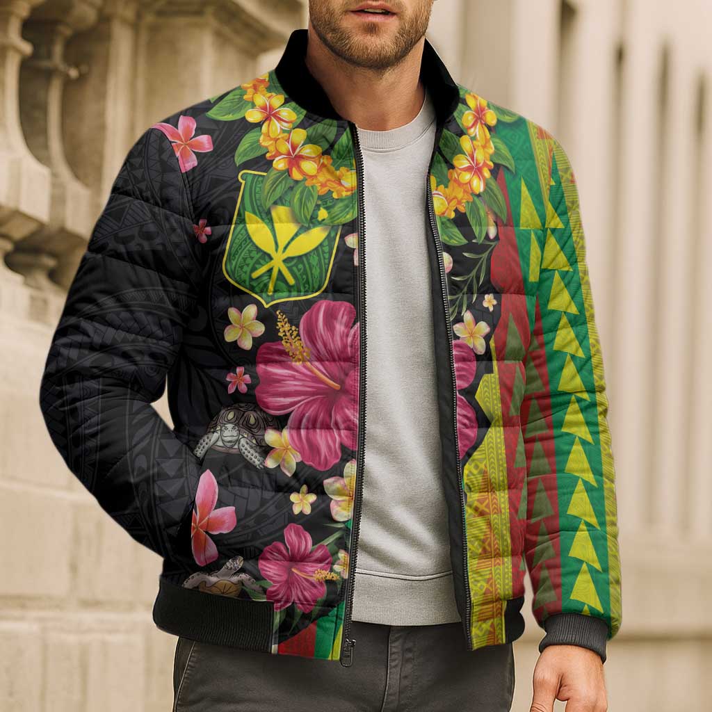 Hawaiian Independence Day Bomber Puffer Jacket Kanaka Maoli Symbols With Tapa Motifs and Tropical Plants - Polynesian Pride
