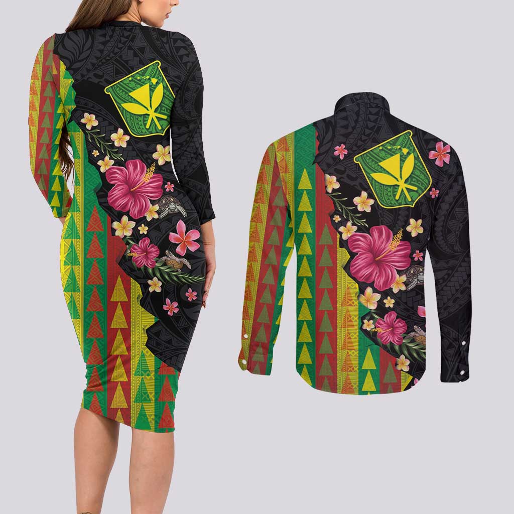 Hawaiian Independence Day Couples Matching Long Sleeve Bodycon Dress and Long Sleeve Button Shirt Kanaka Maoli Symbols With Tapa Motifs and Tropical Plants - Polynesian Pride