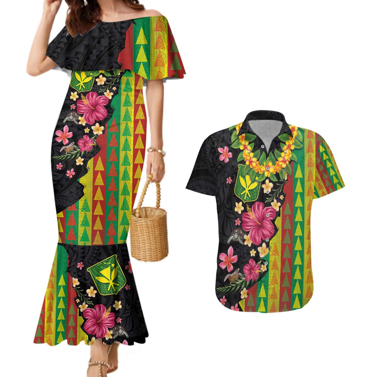 Hawaiian Independence Day Couples Matching Mermaid Dress and Hawaiian Shirt Kanaka Maoli Symbols With Tapa Motifs and Tropical Plants - Polynesian Pride