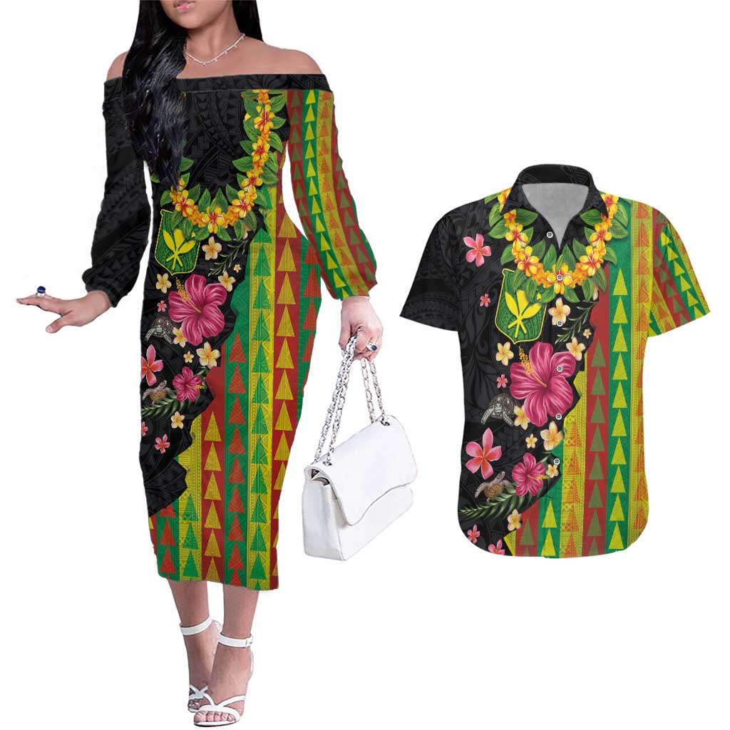 Hawaiian Independence Day Couples Matching Off The Shoulder Long Sleeve Dress and Hawaiian Shirt Kanaka Maoli Symbols With Tapa Motifs and Tropical Plants - Polynesian Pride