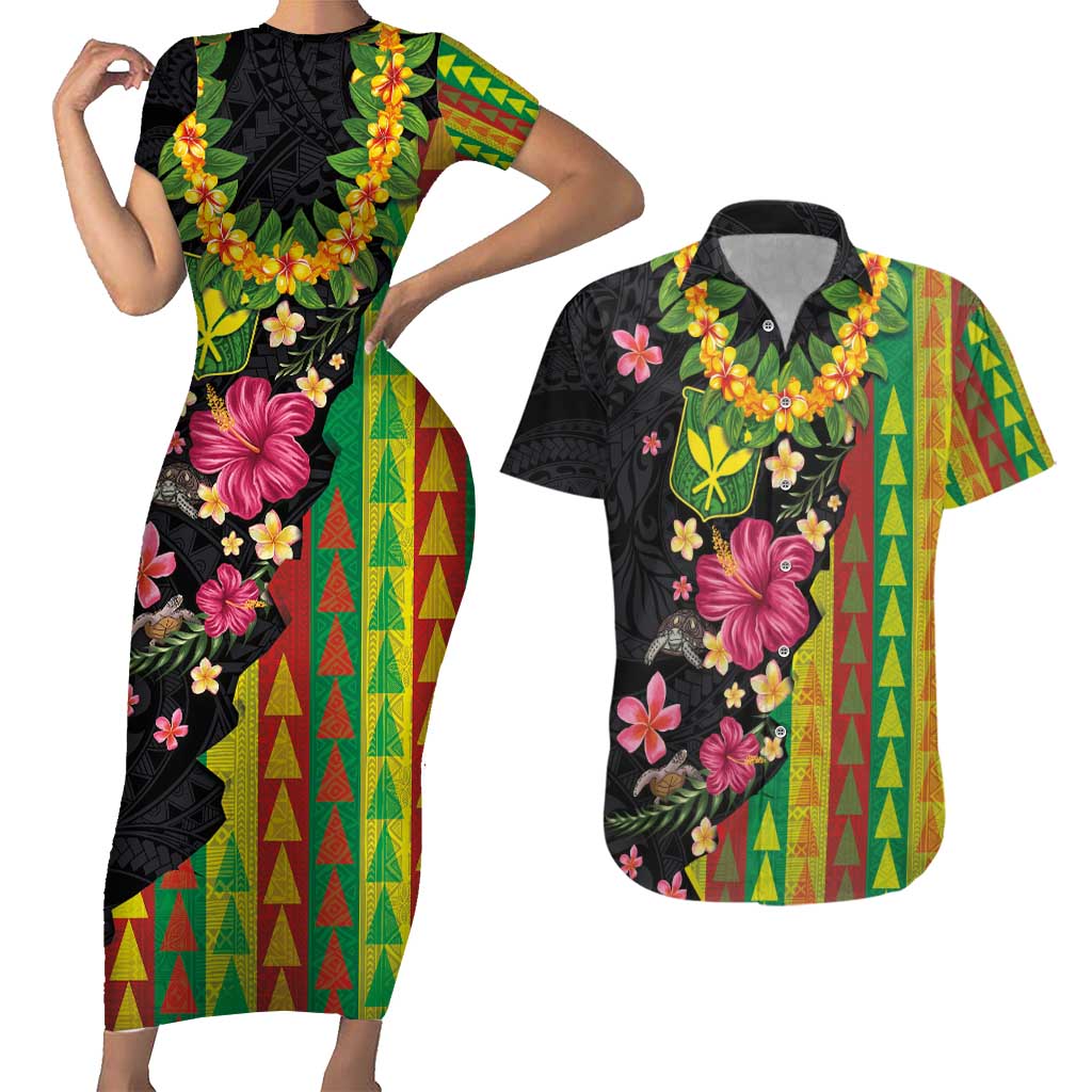 Hawaiian Independence Day Couples Matching Short Sleeve Bodycon Dress and Hawaiian Shirt Kanaka Maoli Symbols With Tapa Motifs and Tropical Plants - Polynesian Pride