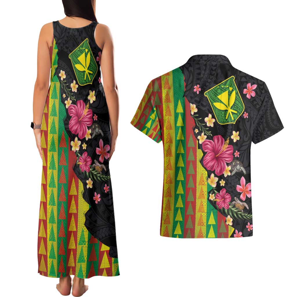 Hawaiian Independence Day Couples Matching Tank Maxi Dress and Hawaiian Shirt Kanaka Maoli Symbols With Tapa Motifs and Tropical Plants - Polynesian Pride