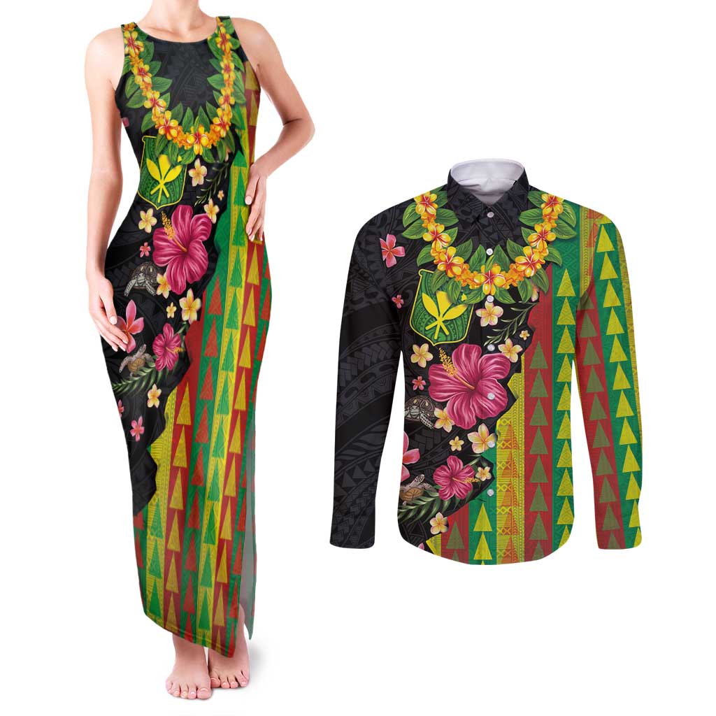 Hawaiian Independence Day Couples Matching Tank Maxi Dress and Long Sleeve Button Shirt Kanaka Maoli Symbols With Tapa Motifs and Tropical Plants - Polynesian Pride