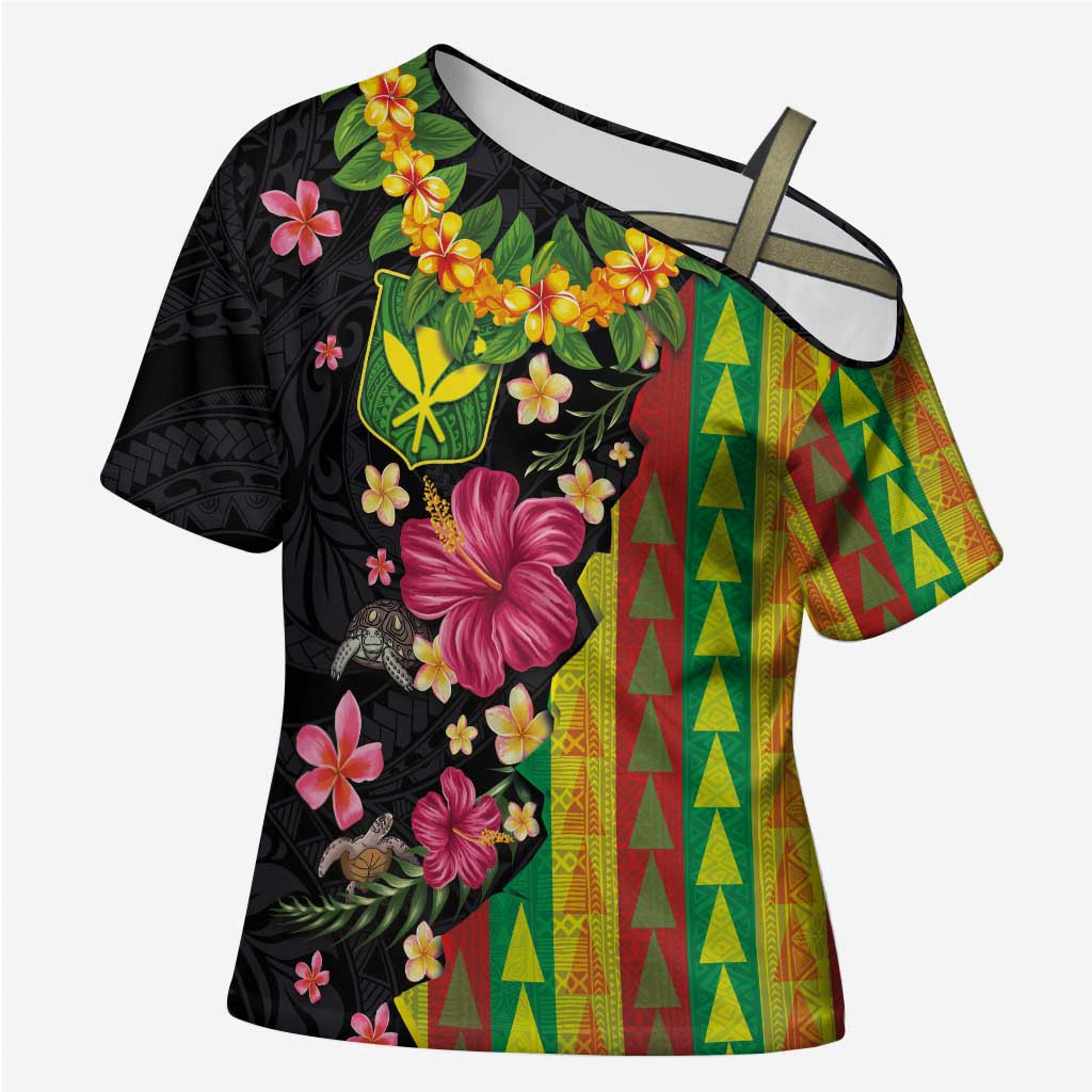 Hawaiian Independence Day Cross Shoulder Shirt Kanaka Maoli Symbols With Tapa Motifs and Tropical Plants - Polynesian Pride