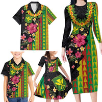 Hawaiian Independence Day Family Matching Long Sleeve Bodycon Dress and Hawaiian Shirt Kanaka Maoli Symbols With Tapa Motifs and Tropical Plants - Polynesian Pride