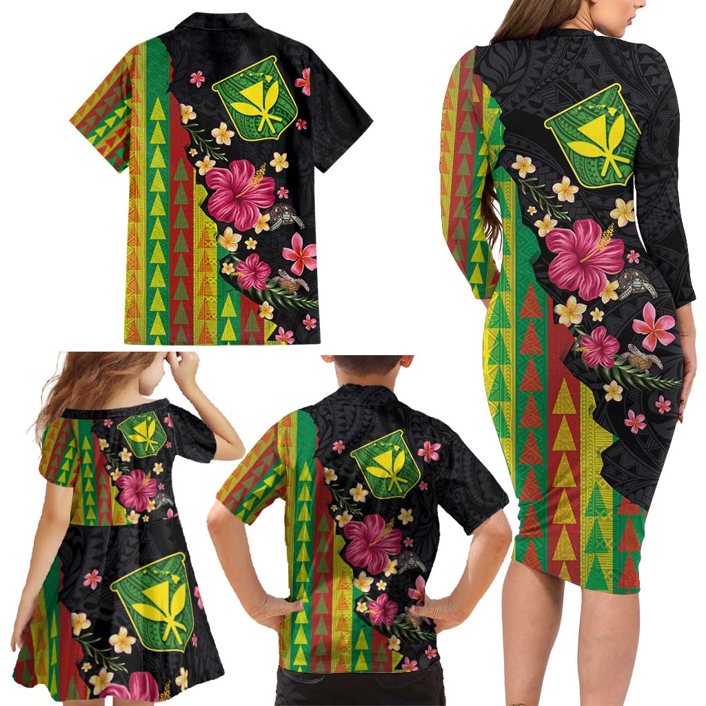 Hawaiian Independence Day Family Matching Long Sleeve Bodycon Dress and Hawaiian Shirt Kanaka Maoli Symbols With Tapa Motifs and Tropical Plants - Polynesian Pride