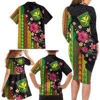 Hawaiian Independence Day Family Matching Long Sleeve Bodycon Dress and Hawaiian Shirt Kanaka Maoli Symbols With Tapa Motifs and Tropical Plants - Polynesian Pride
