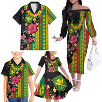 Hawaiian Independence Day Family Matching Off The Shoulder Long Sleeve Dress and Hawaiian Shirt Kanaka Maoli Symbols With Tapa Motifs and Tropical Plants - Polynesian Pride