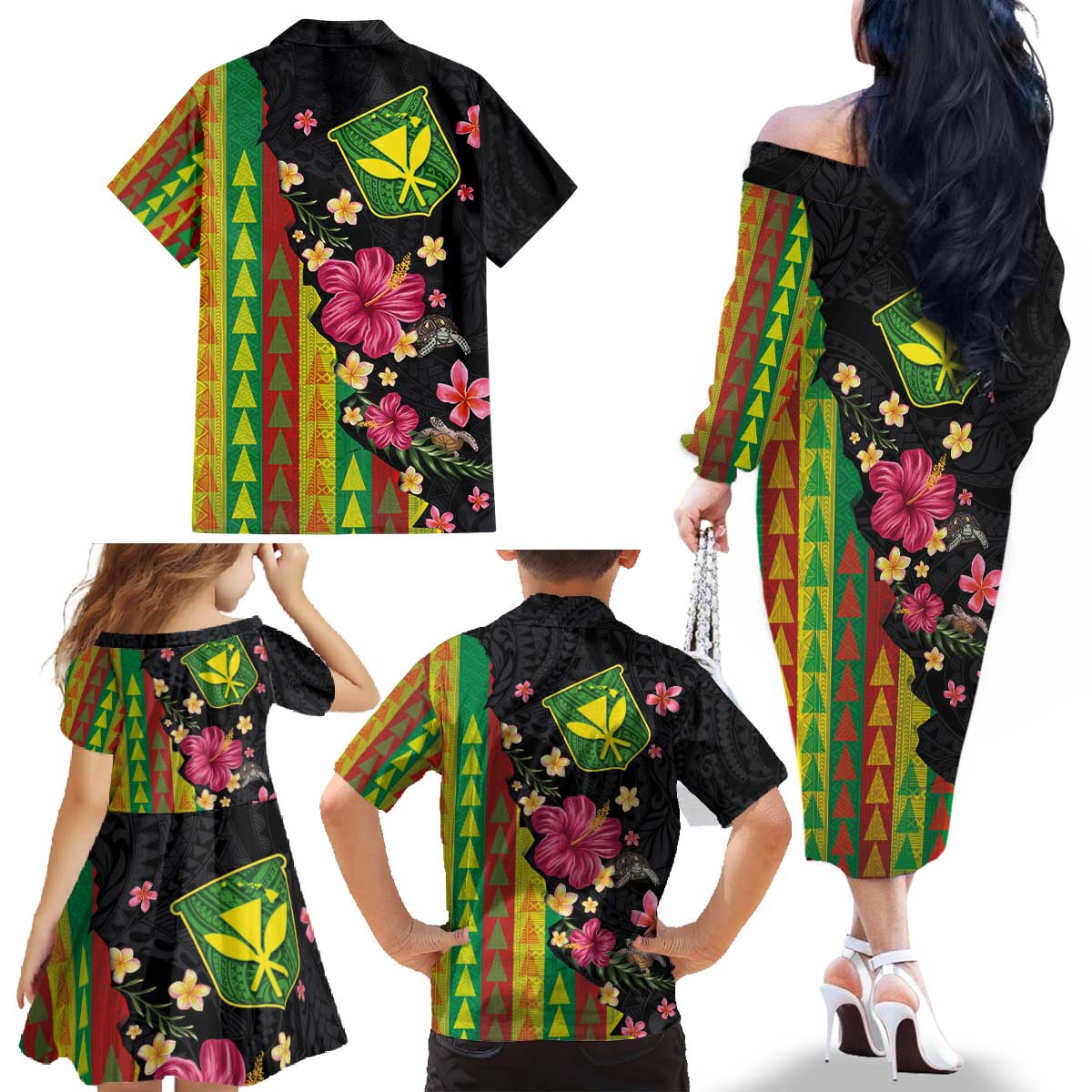 Hawaiian Independence Day Family Matching Off The Shoulder Long Sleeve Dress and Hawaiian Shirt Kanaka Maoli Symbols With Tapa Motifs and Tropical Plants - Polynesian Pride