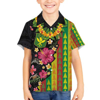 Hawaiian Independence Day Family Matching Off The Shoulder Long Sleeve Dress and Hawaiian Shirt Kanaka Maoli Symbols With Tapa Motifs and Tropical Plants - Polynesian Pride