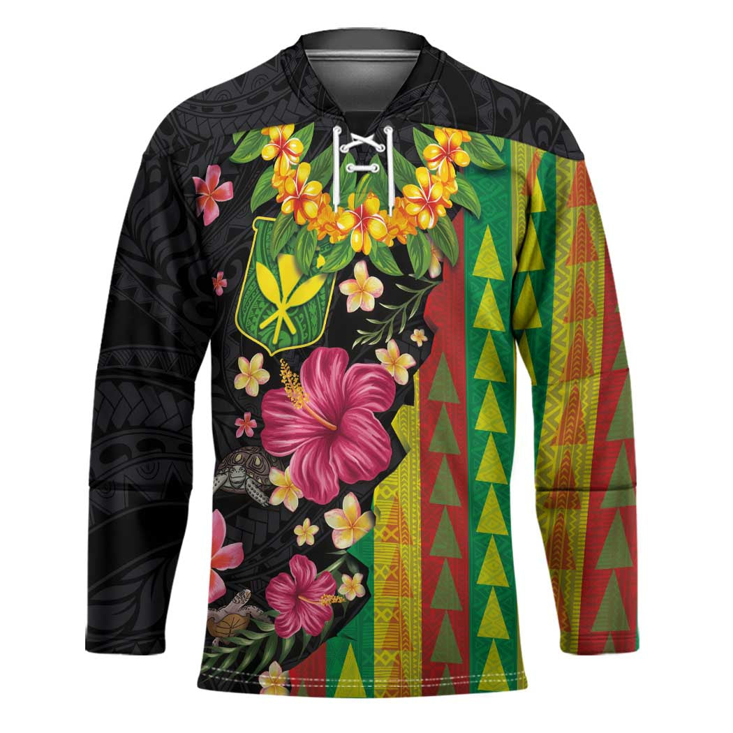 Hawaiian Independence Day Hockey Jersey Kanaka Maoli Symbols With Tapa Motifs and Tropical Plants - Polynesian Pride