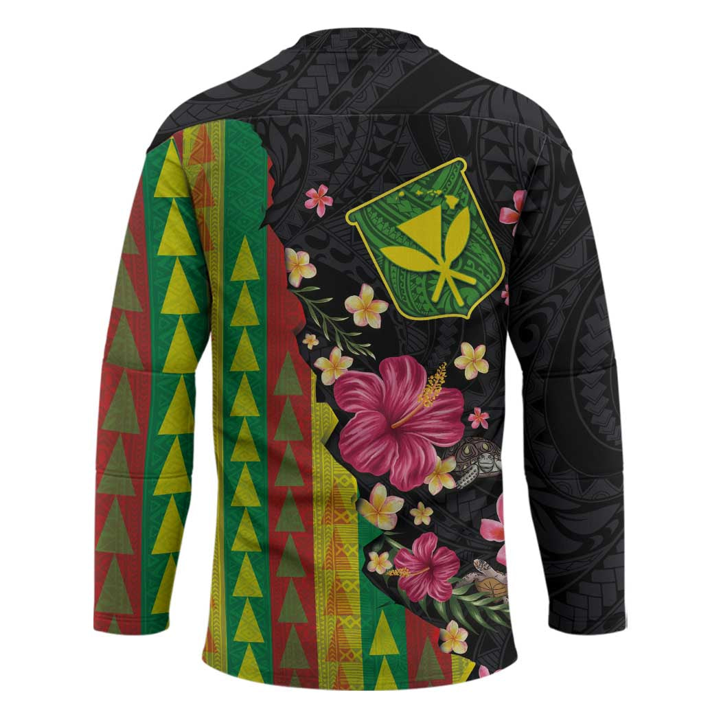 Hawaiian Independence Day Hockey Jersey Kanaka Maoli Symbols With Tapa Motifs and Tropical Plants - Polynesian Pride