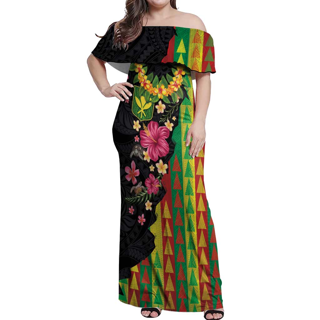 Hawaiian Independence Day Off Shoulder Maxi Dress Kanaka Maoli Symbols With Tapa Motifs and Tropical Plants - Polynesian Pride