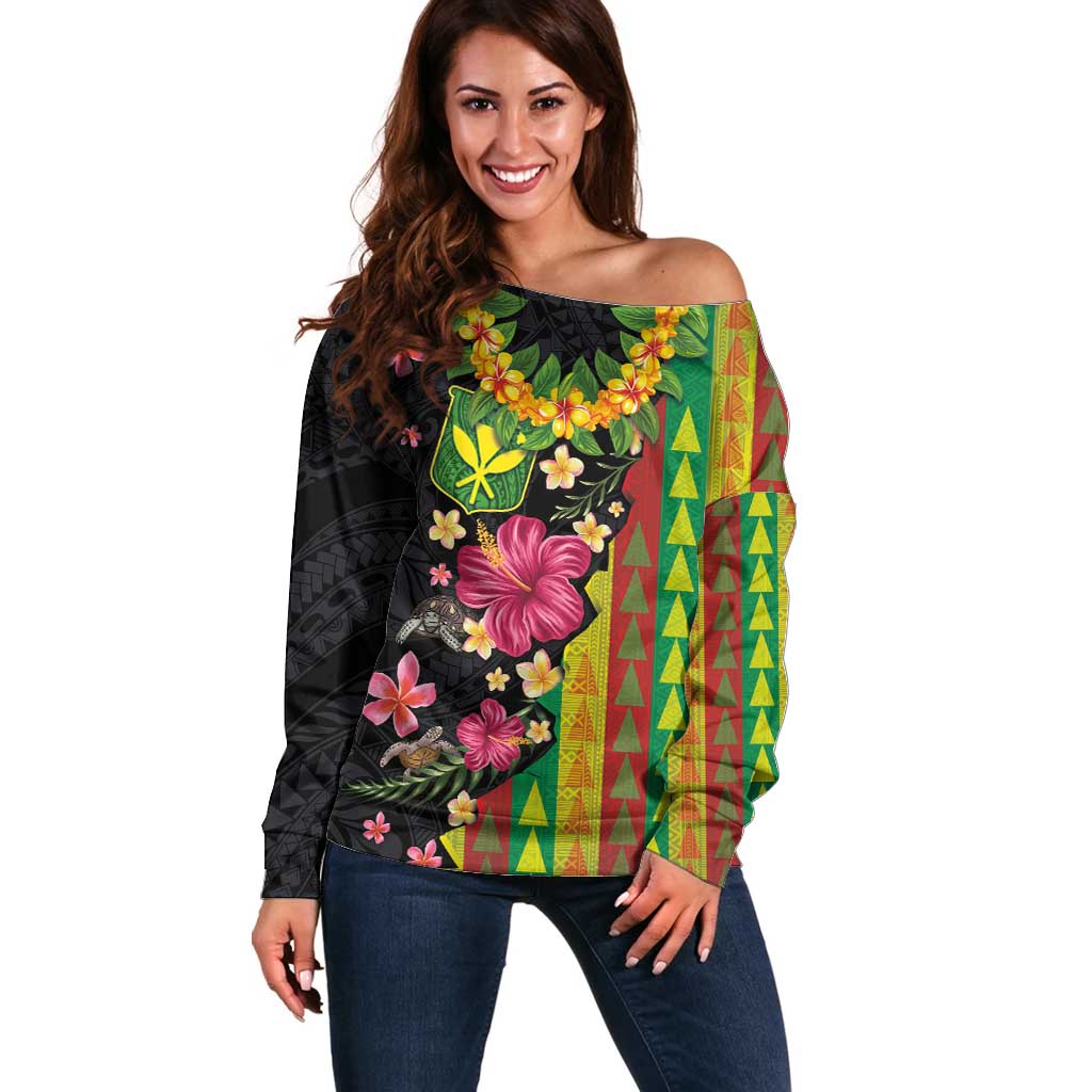 Hawaiian Independence Day Off Shoulder Sweater Kanaka Maoli Symbols With Tapa Motifs and Tropical Plants - Polynesian Pride