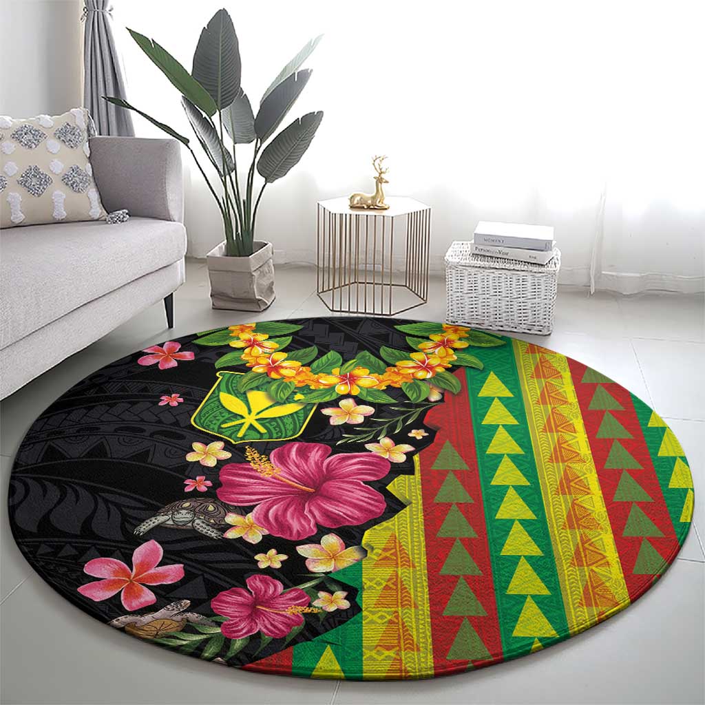 Hawaiian Independence Day Round Carpet Kanaka Maoli Symbols With Tapa Motifs and Tropical Plants - Polynesian Pride