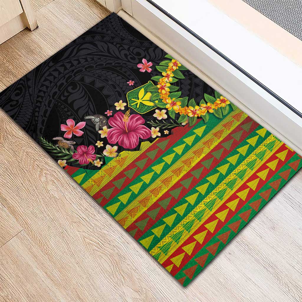 Hawaiian Independence Day Rubber Doormat Kanaka Maoli Symbols With Tapa Motifs and Tropical Plants - Polynesian Pride