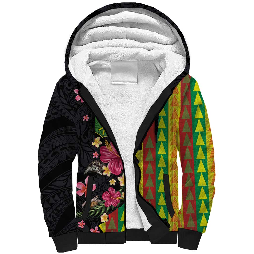 Hawaiian Independence Day Sherpa Hoodie Kanaka Maoli Symbols With Tapa Motifs and Tropical Plants - Polynesian Pride