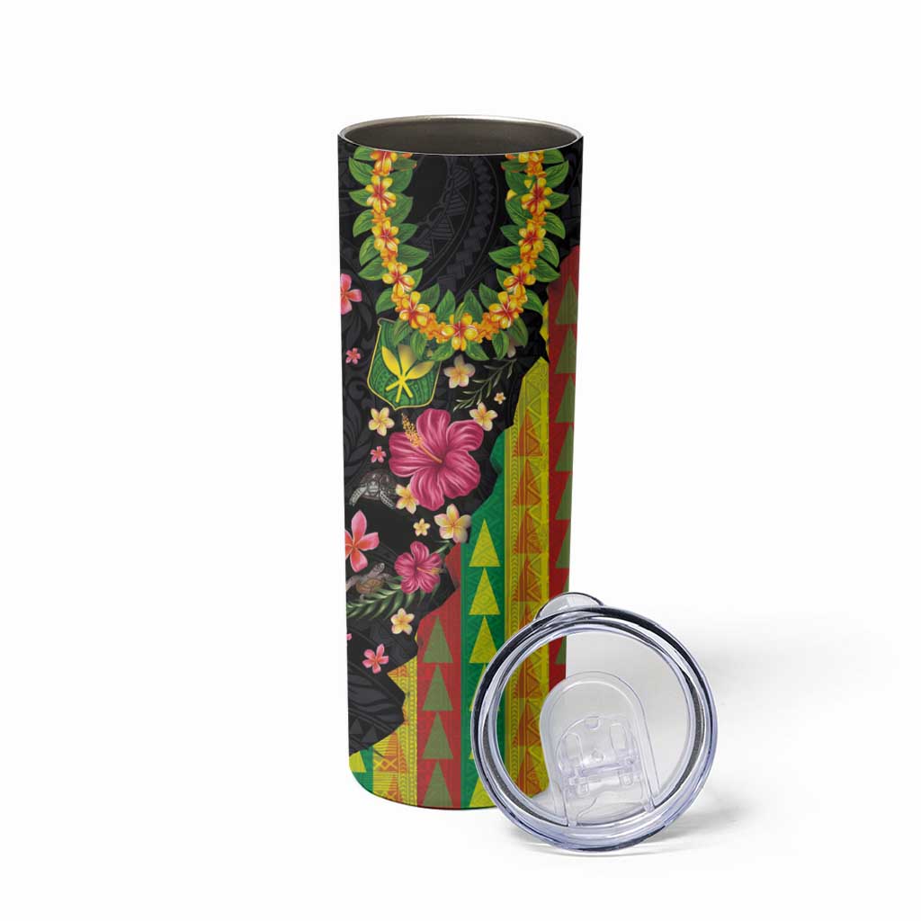 Hawaiian Independence Day Skinny Tumbler Kanaka Maoli Symbols With Tapa Motifs and Tropical Plants - Polynesian Pride