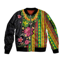 Hawaiian Independence Day Sleeve Zip Bomber Jacket Kanaka Maoli Symbols With Tapa Motifs and Tropical Plants - Polynesian Pride