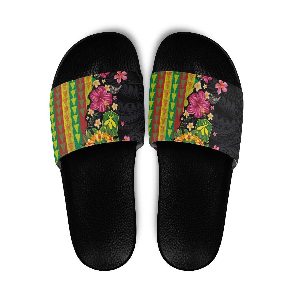 Hawaiian Independence Day Slide Sandals Kanaka Maoli Symbols With Tapa Motifs and Tropical Plants - Polynesian Pride