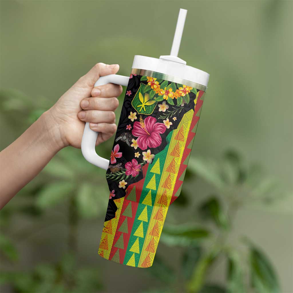 Hawaiian Independence Day Tumbler With Handle Kanaka Maoli Symbols With Tapa Motifs and Tropical Plants - Polynesian Pride