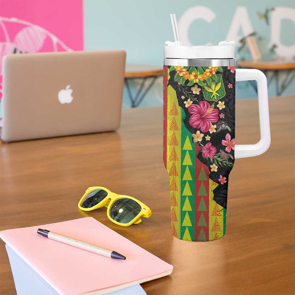 Hawaiian Independence Day Tumbler With Handle Kanaka Maoli Symbols With Tapa Motifs and Tropical Plants - Polynesian Pride
