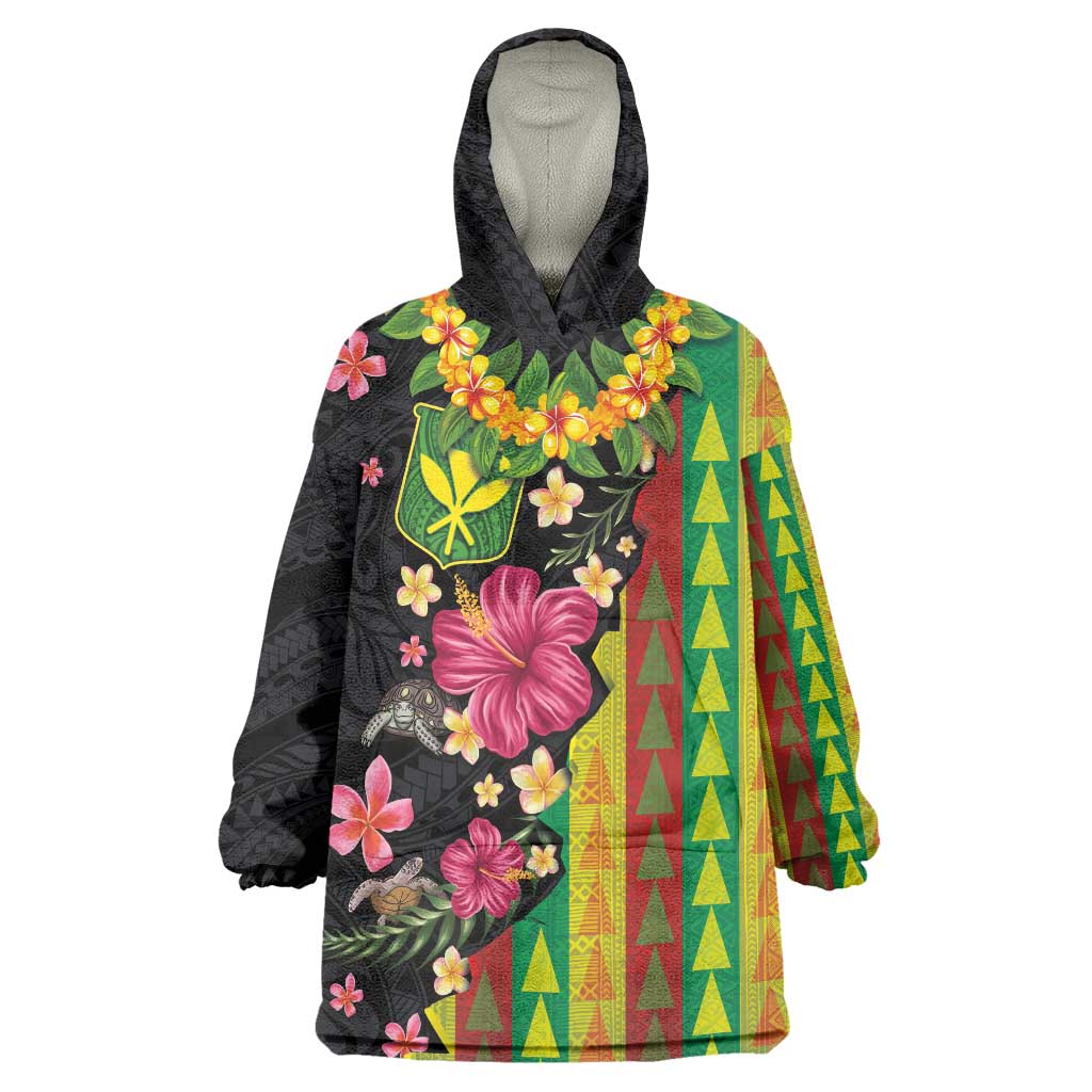 Hawaiian Independence Day Wearable Blanket Hoodie Kanaka Maoli Symbols With Tapa Motifs and Tropical Plants - Polynesian Pride