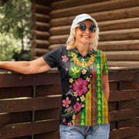 Hawaiian Independence Day Women Polo Shirt Kanaka Maoli Symbols With Tapa Motifs and Tropical Plants - Polynesian Pride