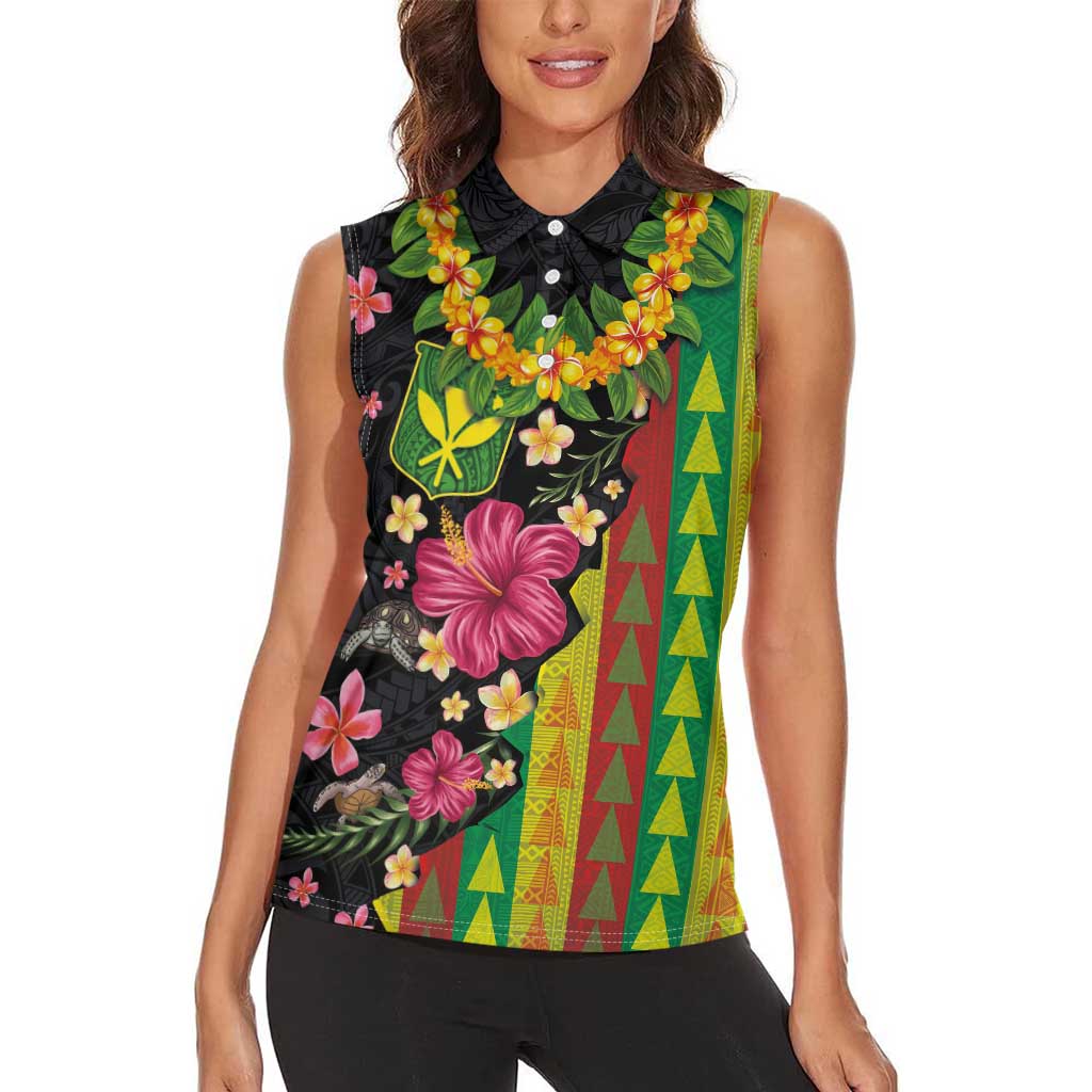 Hawaiian Independence Day Women Sleeveless Polo Shirt Kanaka Maoli Symbols With Tapa Motifs and Tropical Plants - Polynesian Pride