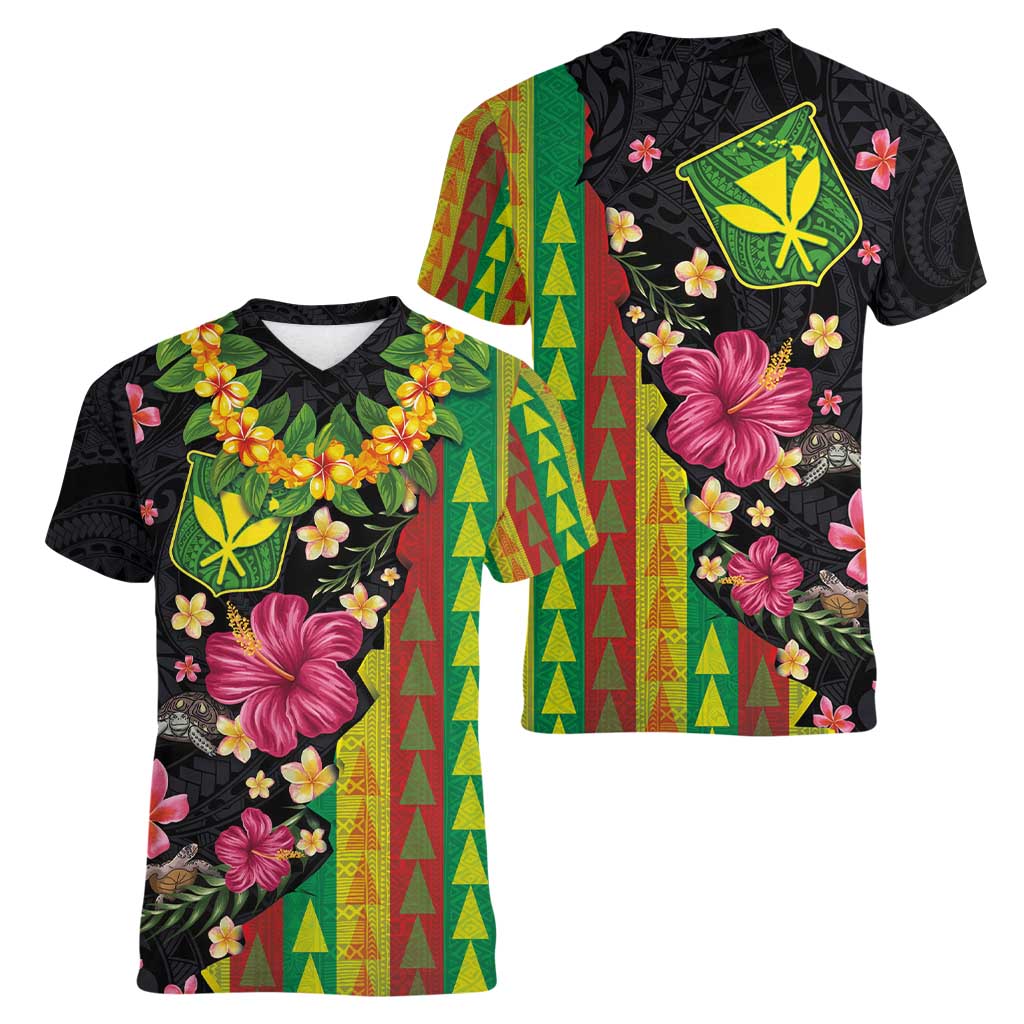 Hawaiian Independence Day Women V-Neck T-Shirt Kanaka Maoli Symbols With Tapa Motifs and Tropical Plants - Polynesian Pride