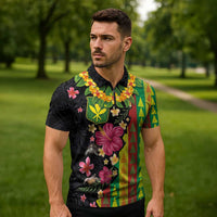 Hawaiian Independence Day Zipper Polo Shirt Kanaka Maoli Symbols With Tapa Motifs and Tropical Plants - Polynesian Pride
