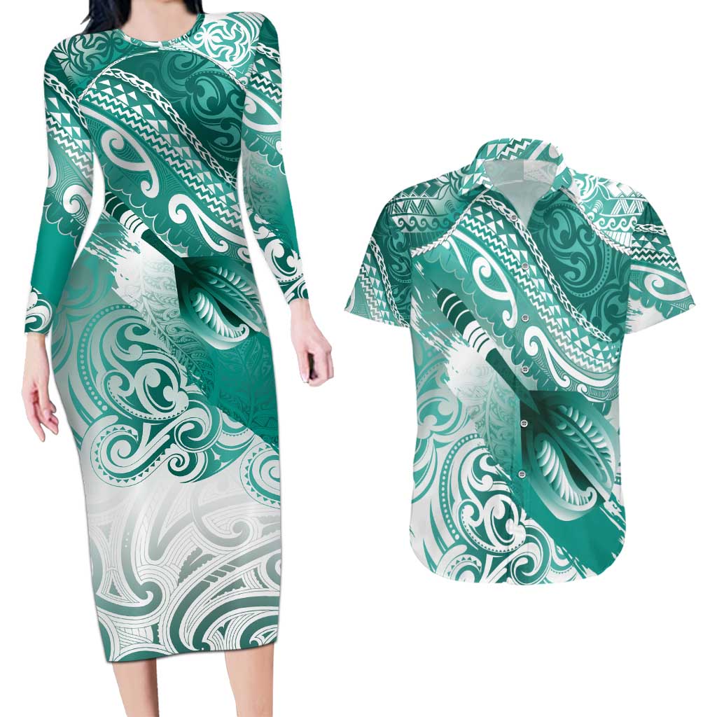Personalised New Zealand Aotearoa Darts Masters Couples Matching Long Sleeve Bodycon Dress and Hawaiian Shirt Maori Art Tattoo with Tribal Dart Symbol Teal Color - Polynesian Pride