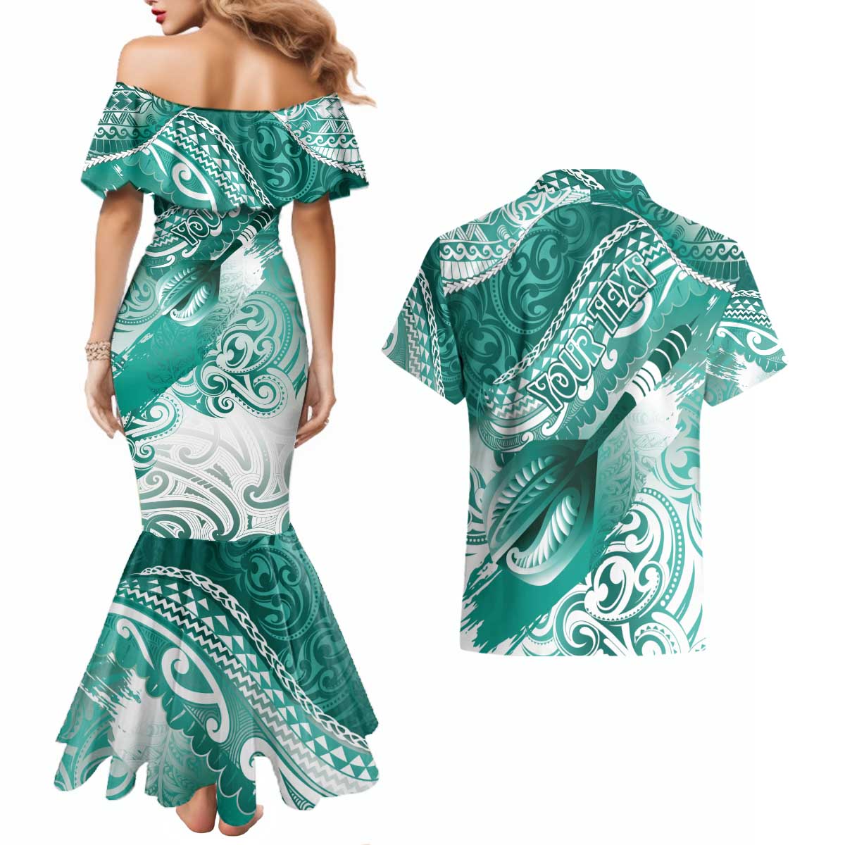 Personalised New Zealand Aotearoa Darts Masters Couples Matching Mermaid Dress and Hawaiian Shirt Maori Art Tattoo with Tribal Dart Symbol Teal Color - Polynesian Pride