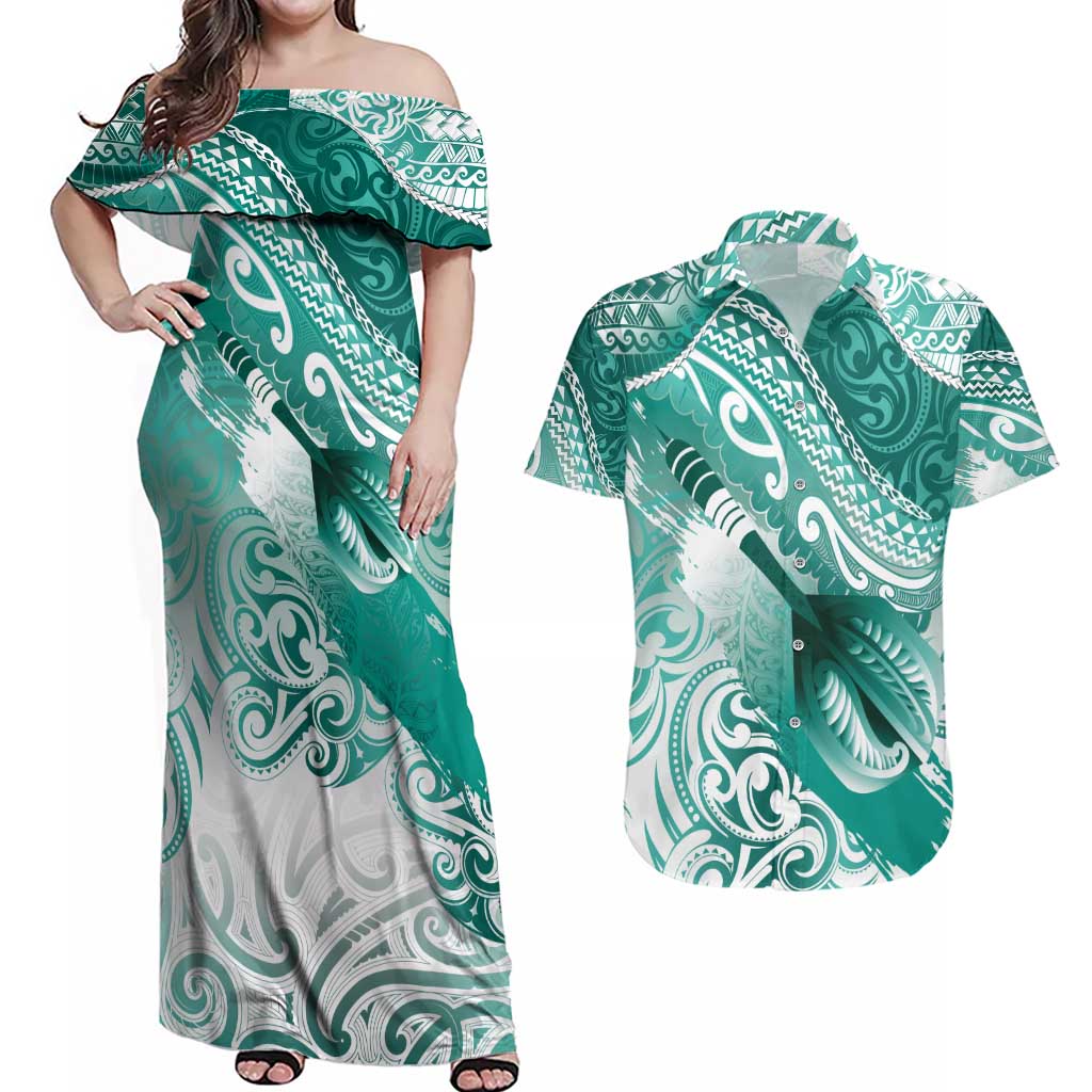 Personalised New Zealand Aotearoa Darts Masters Couples Matching Off Shoulder Maxi Dress and Hawaiian Shirt Maori Art Tattoo with Tribal Dart Symbol Teal Color - Polynesian Pride