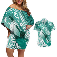 Personalised New Zealand Aotearoa Darts Masters Couples Matching Off Shoulder Short Dress and Hawaiian Shirt Maori Art Tattoo with Tribal Dart Symbol Teal Color - Polynesian Pride
