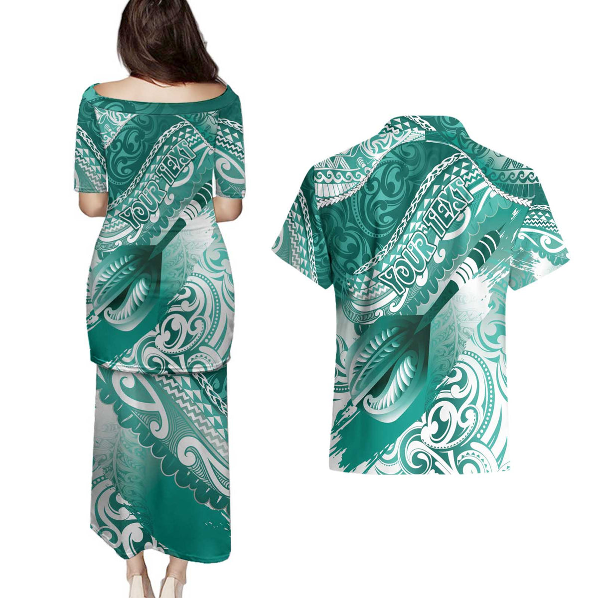 Personalised New Zealand Aotearoa Darts Masters Couples Matching Puletasi and Hawaiian Shirt Maori Art Tattoo with Tribal Dart Symbol Teal Color - Polynesian Pride