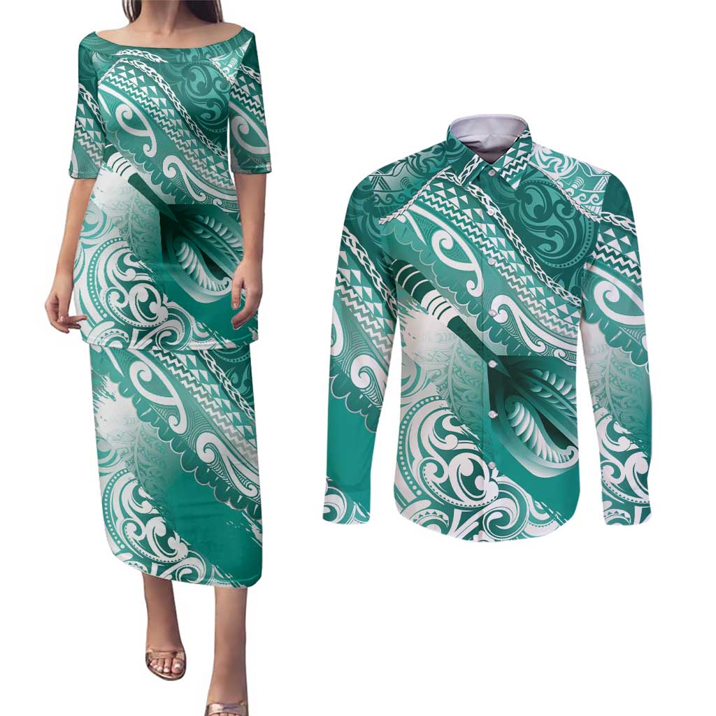 Personalised New Zealand Aotearoa Darts Masters Couples Matching Puletasi and Long Sleeve Button Shirt Maori Art Tattoo with Tribal Dart Symbol Teal Color - Polynesian Pride