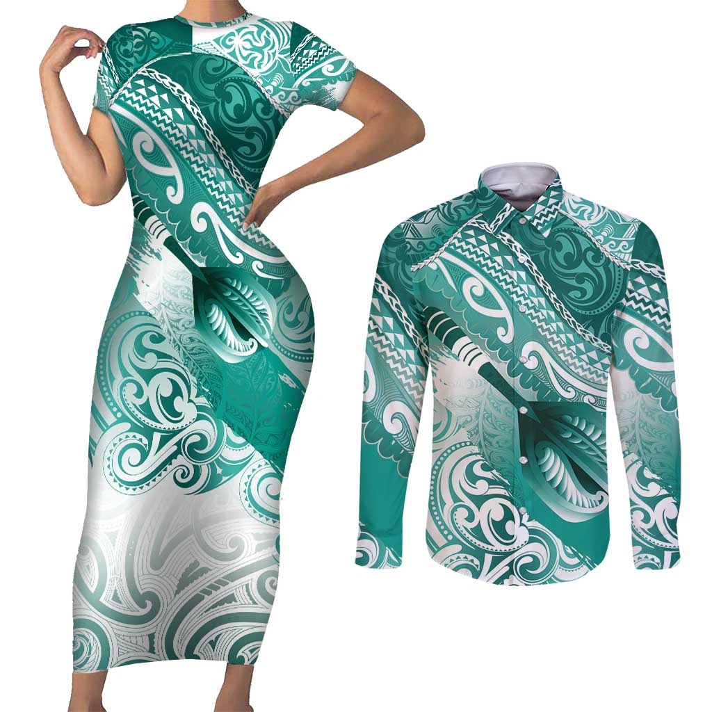 Personalised New Zealand Aotearoa Darts Masters Couples Matching Short Sleeve Bodycon Dress and Long Sleeve Button Shirt Maori Art Tattoo with Tribal Dart Symbol Teal Color - Polynesian Pride