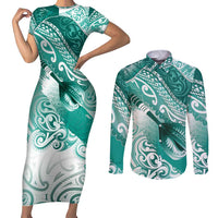 Personalised New Zealand Aotearoa Darts Masters Couples Matching Short Sleeve Bodycon Dress and Long Sleeve Button Shirt Maori Art Tattoo with Tribal Dart Symbol Teal Color - Polynesian Pride