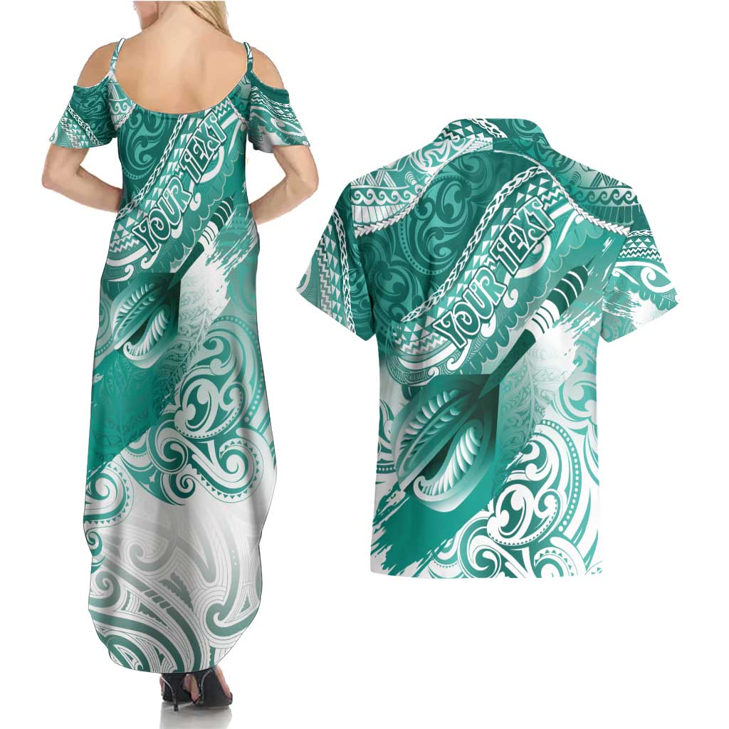 Personalised New Zealand Aotearoa Darts Masters Couples Matching Summer Maxi Dress and Hawaiian Shirt Maori Art Tattoo with Tribal Dart Symbol Teal Color - Polynesian Pride