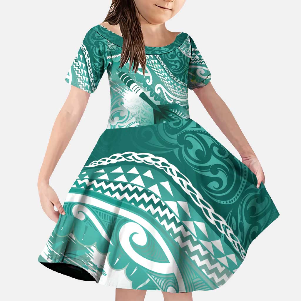 Personalised New Zealand Aotearoa Darts Masters Family Matching Mermaid Dress and Hawaiian Shirt Maori Art Tattoo with Tribal Dart Symbol Teal Color - Polynesian Pride