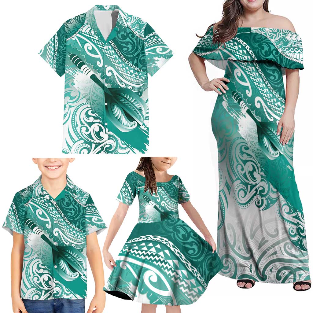 Personalised New Zealand Aotearoa Darts Masters Family Matching Off Shoulder Maxi Dress and Hawaiian Shirt Maori Art Tattoo with Tribal Dart Symbol Teal Color - Polynesian Pride