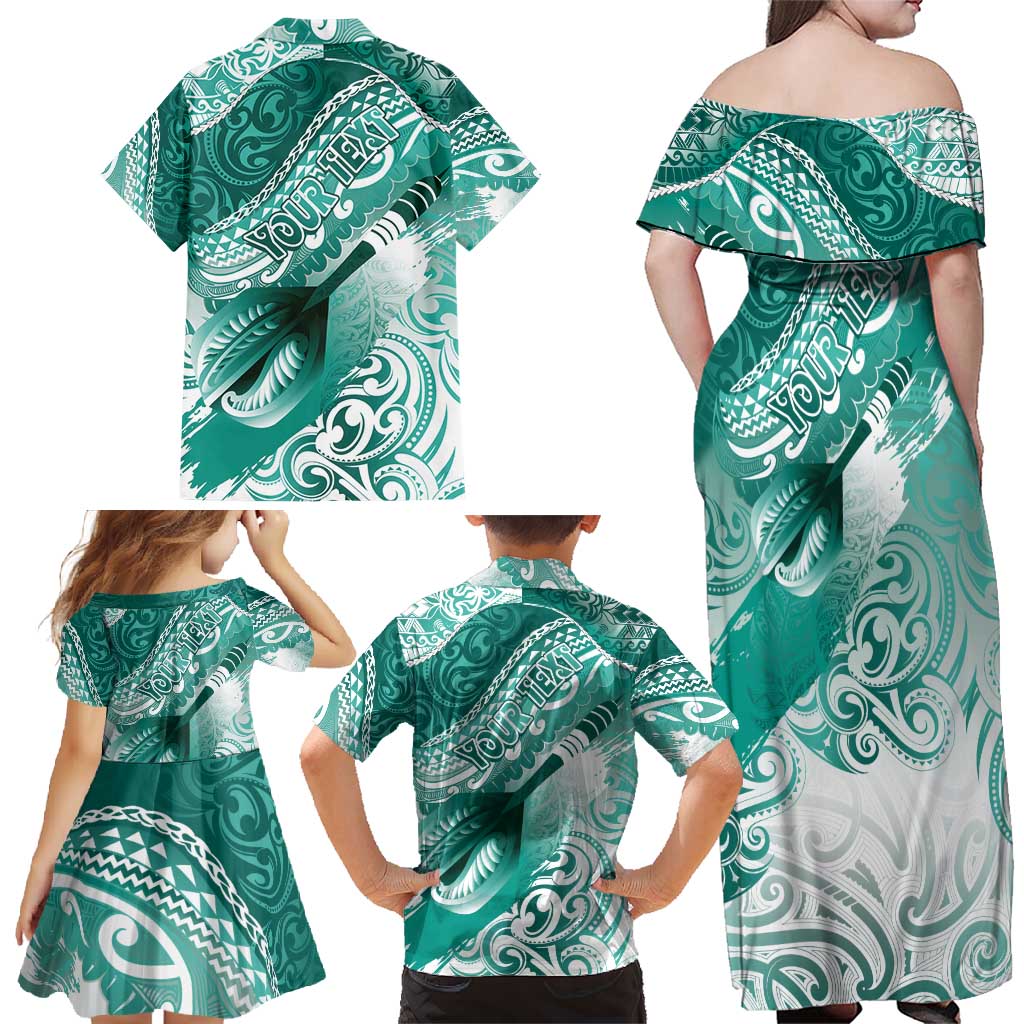 Personalised New Zealand Aotearoa Darts Masters Family Matching Off Shoulder Maxi Dress and Hawaiian Shirt Maori Art Tattoo with Tribal Dart Symbol Teal Color - Polynesian Pride