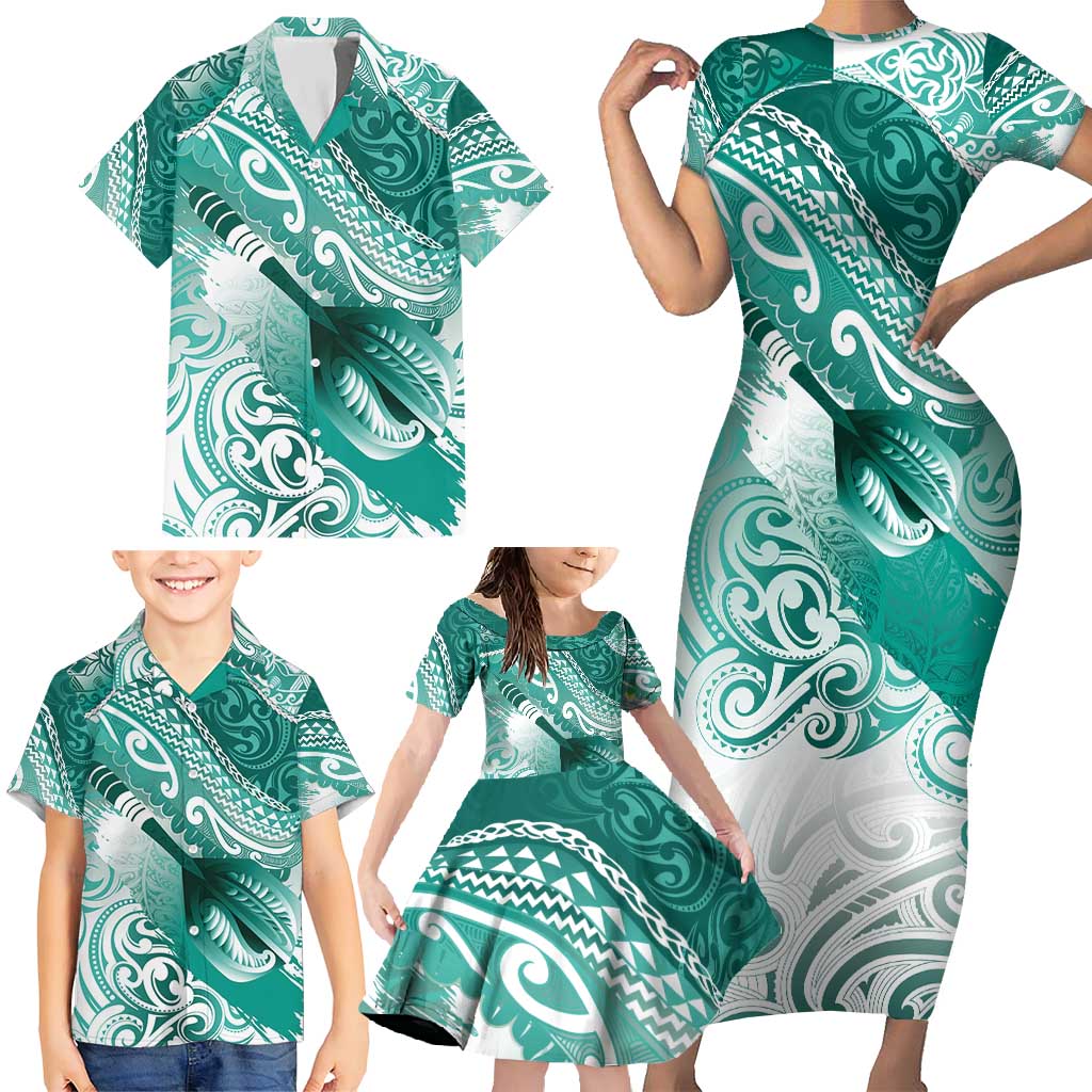 Personalised New Zealand Aotearoa Darts Masters Family Matching Short Sleeve Bodycon Dress and Hawaiian Shirt Maori Art Tattoo with Tribal Dart Symbol Teal Color - Polynesian Pride