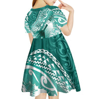 Personalised New Zealand Aotearoa Darts Masters Kid Short Sleeve Dress Maori Art Tattoo with Tribal Dart Symbol Teal Color - Polynesian Pride