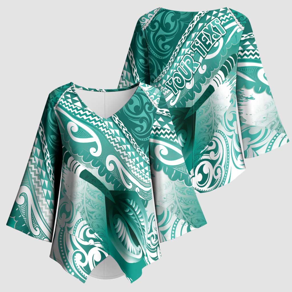 Personalised New Zealand Aotearoa Darts Masters Kimono Sleeve Blouse Maori Art Tattoo with Tribal Dart Symbol Teal Color - Polynesian Pride