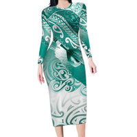 Personalised New Zealand Aotearoa Darts Masters Long Sleeve Bodycon Dress Maori Art Tattoo with Tribal Dart Symbol Teal Color - Polynesian Pride